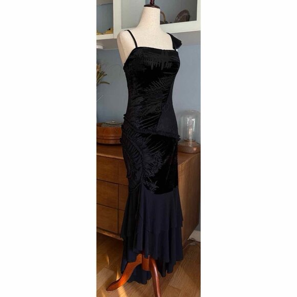 Vintage Y2K Cascadei Black Velvet & Chiffon Evening Dress Asymmetric Whimsy - Picture 2 of 10